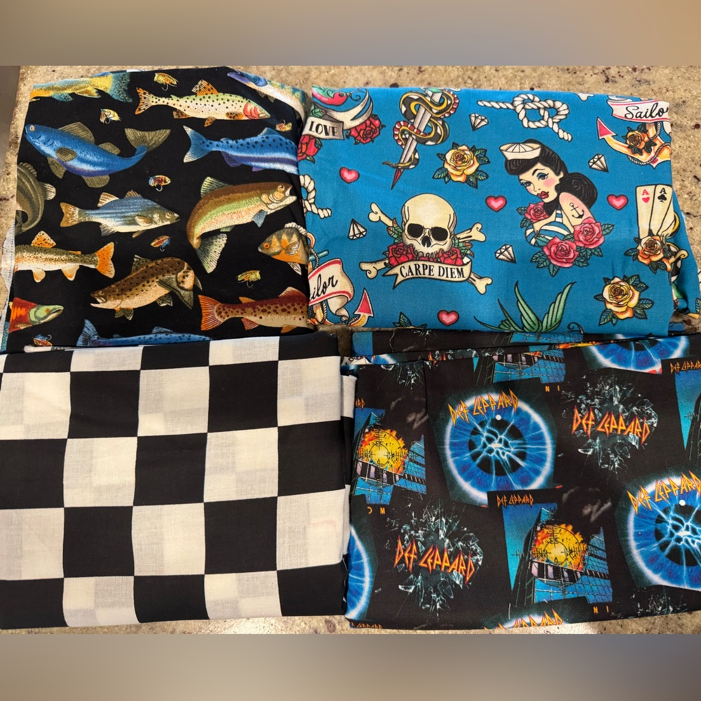 fabric bundle - cotton fabrics - checkerboard , fish , Def Leppard , Pinup